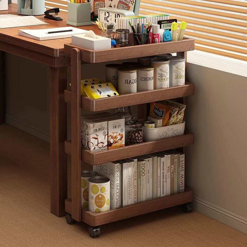 全实木小推车置物架书架可移动收纳架沙发侧边零食储物带轮窄边柜