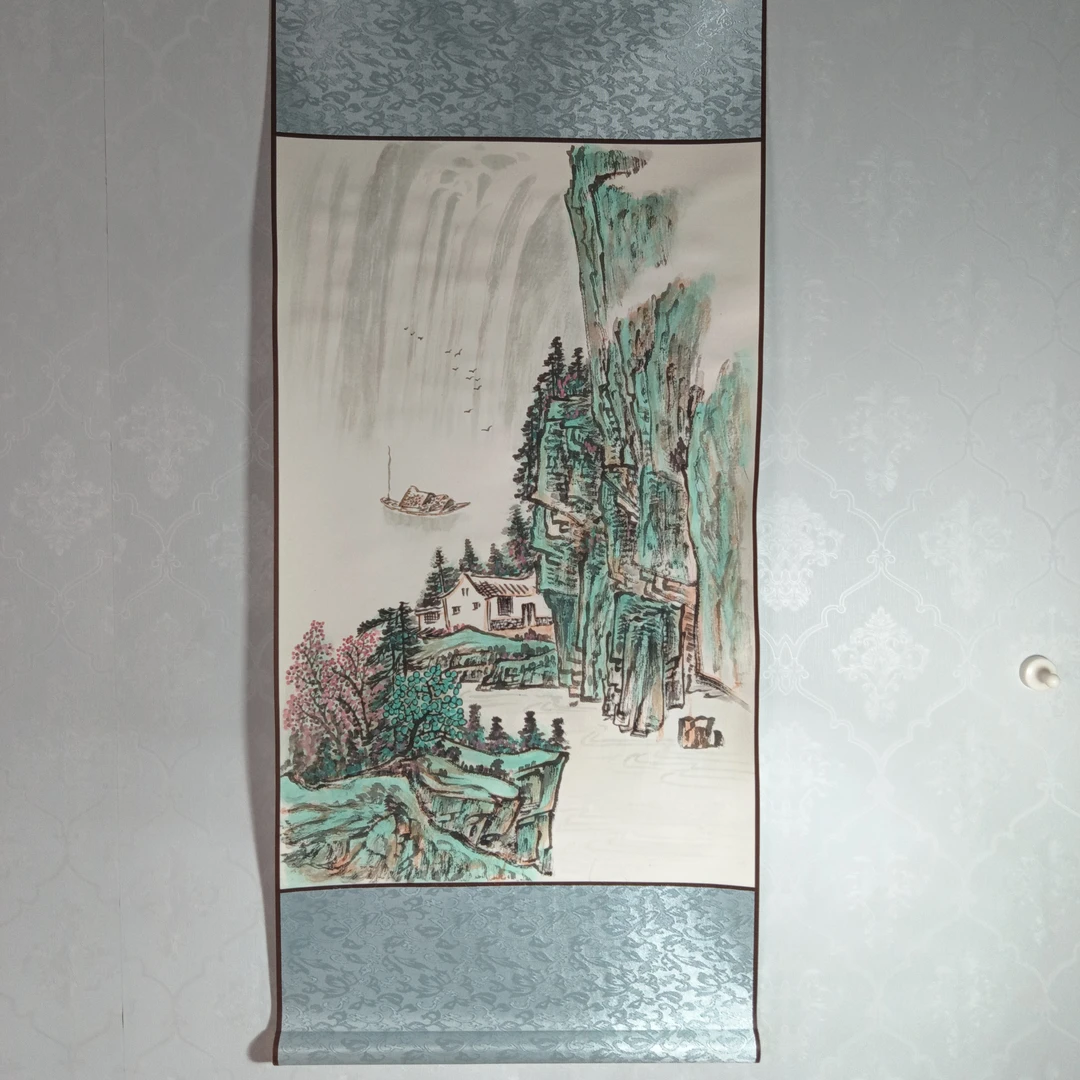 家居装饰挂画《渔船小青绿卷轴》