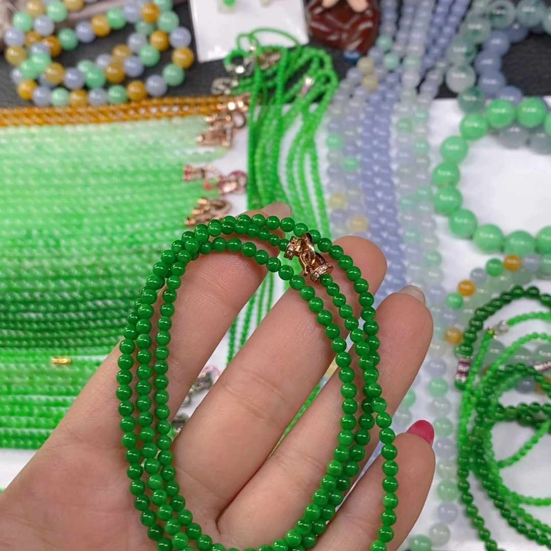 颈饰未镶嵌翡翠缅甸天然翡翠浓阳绿小米珠塔链3.3，3.7