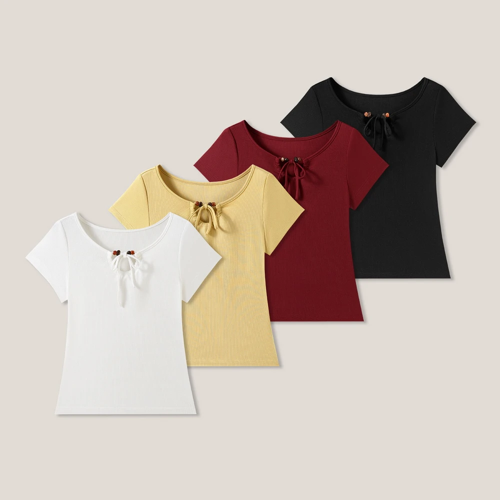 气质港风纯色细带珠子休闲百搭短袖T恤ss26248