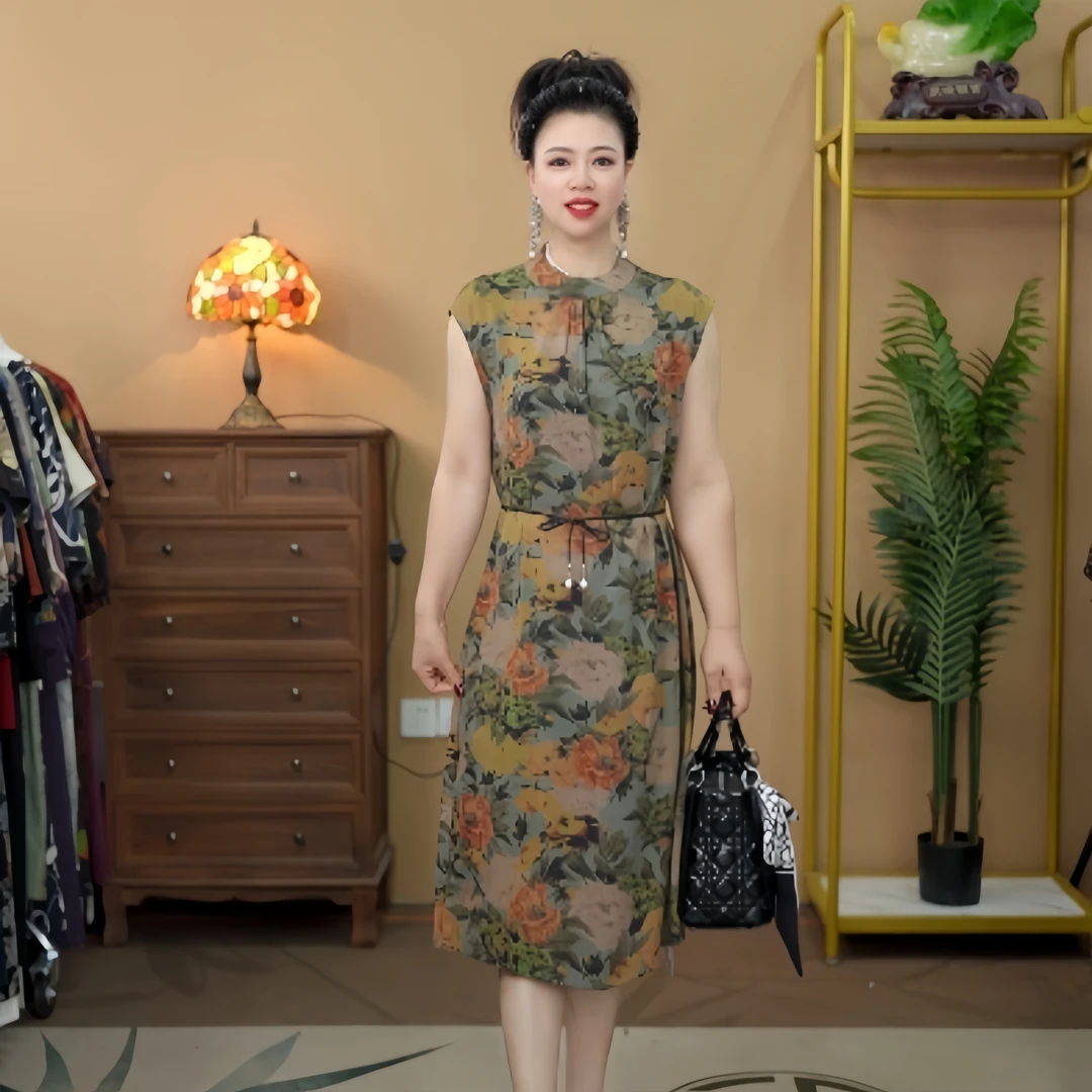 52275 长裙基本款常规夏季连衣裙修身印花复古中国风提花