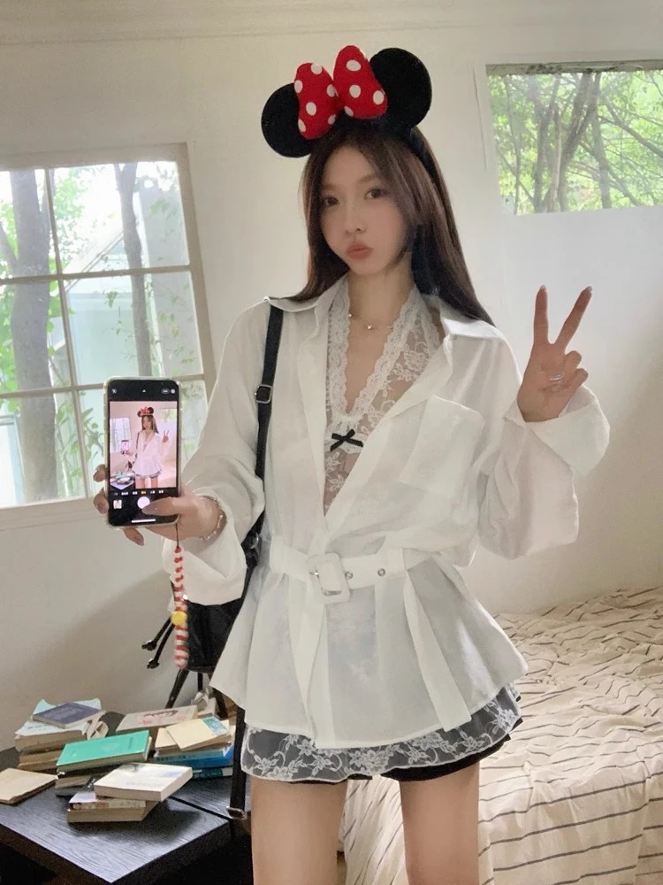夏季新款设计感腰带宽松显瘦收腰衬衫女+修身蕾丝裙打底两件套装