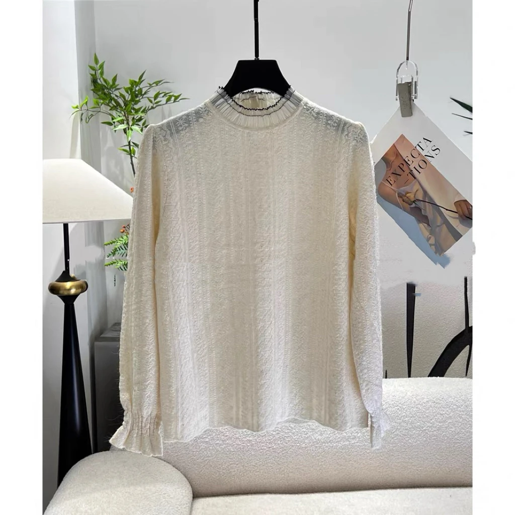 〔双层立领加厚蕾丝〕法式加厚亮片暗纹针织蕾丝打底
