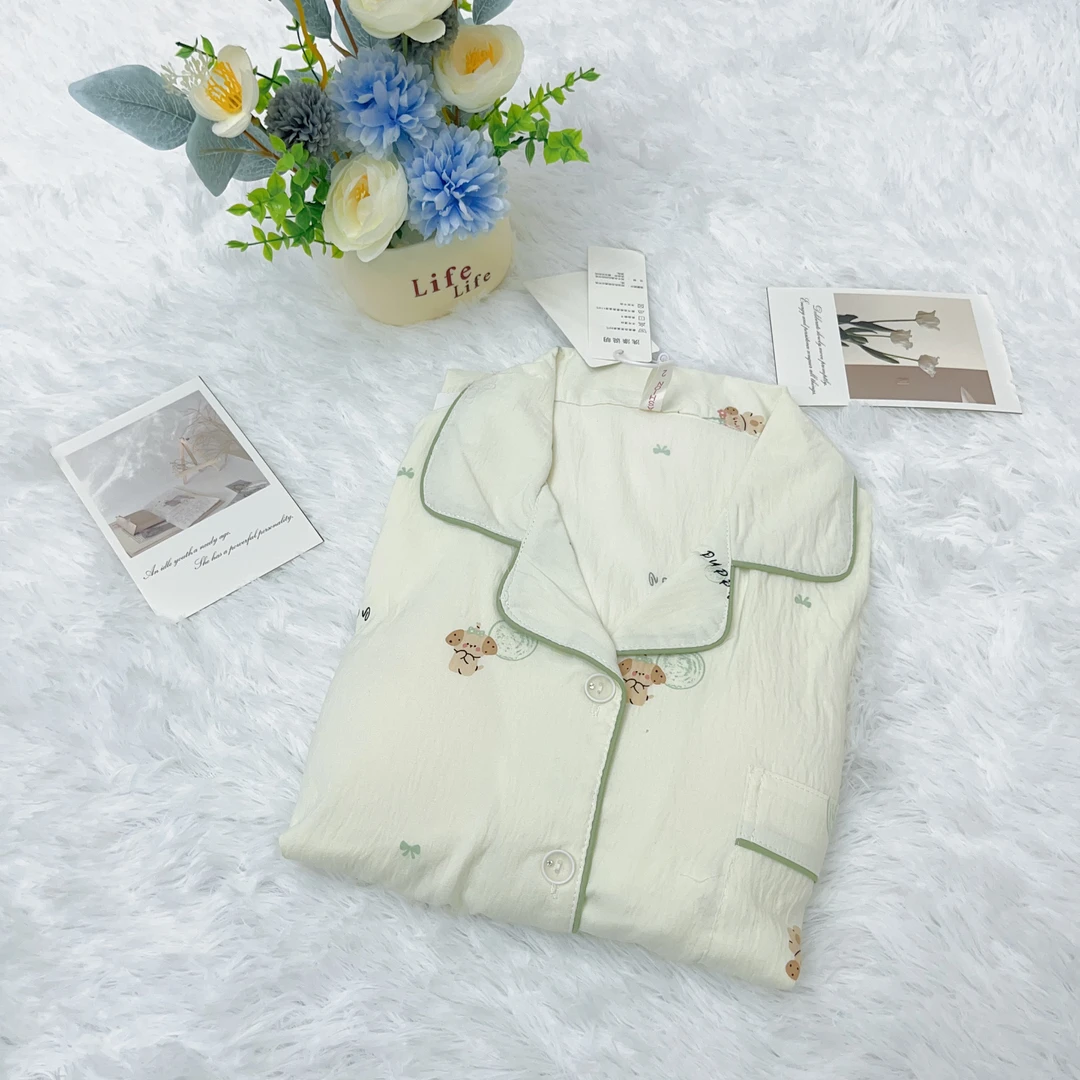 【H031】春夏绿色小猫长袖长裤+胸垫【开衫款】