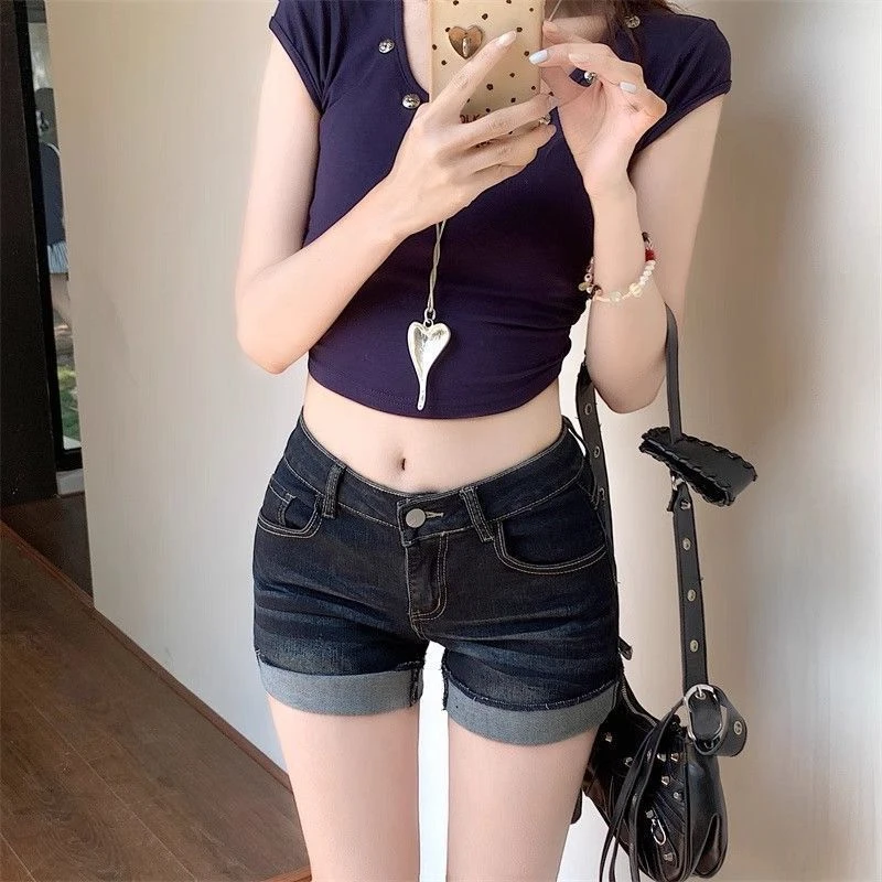 黑色牛仔夏季女款紧身低腰显瘦弹力辣妹热裤包臀短裤黑色牛仔短裤