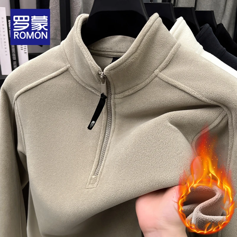 罗蒙双面奥利绒拉链卫衣男士秋冬季新款加绒加厚半拉链保暖上衣男