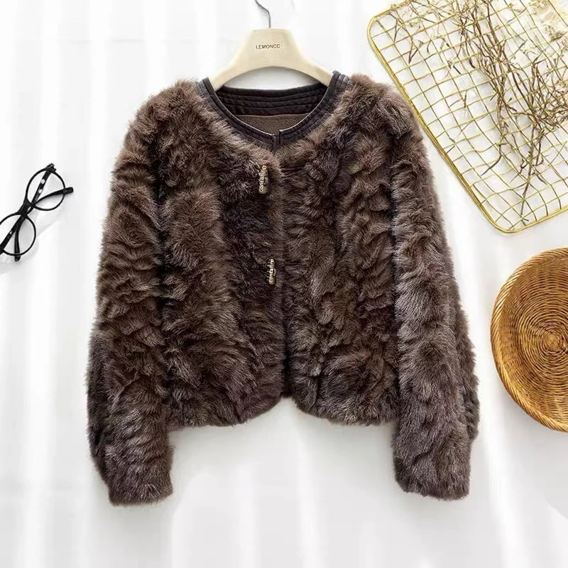 新款时尚小香风马蹄袖一体草草外套百搭气质短款毛毛