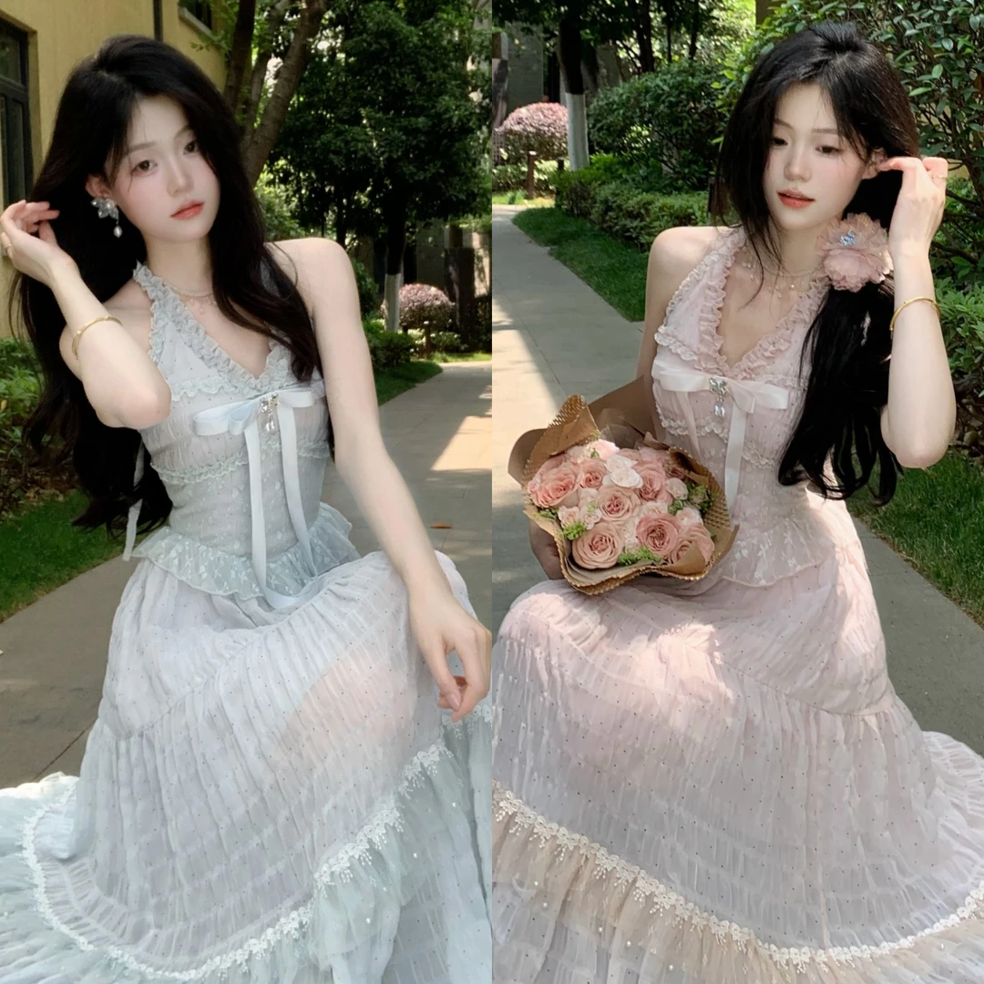 Blovelan云絮边 甜美温柔风蝴蝶结挂脖收腰显瘦吊带连衣裙