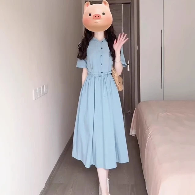 欧若风夏季新款蓝色法式连衣裙女季收腰显瘦温柔风减龄气质长裙