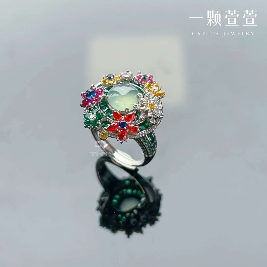 【莫奈花园】一颗萱萱 天然翡翠银镶蛋面戒指120038气质轻奢时尚
