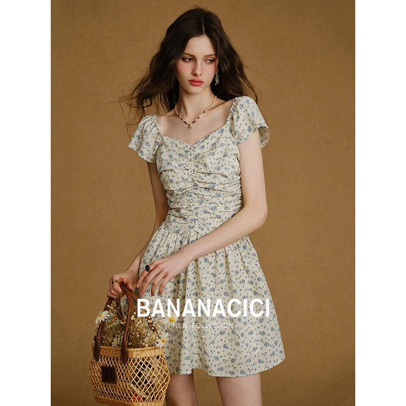BANANA CICI2025年夏季新款法式收腰短裙小清新褶皱碎花A字连衣裙