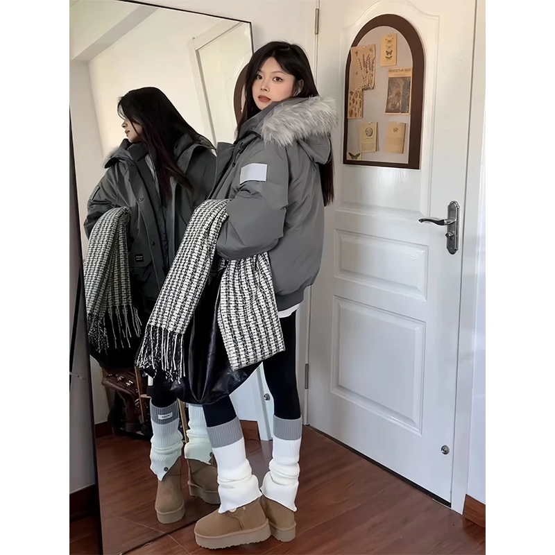 冬天休闲服加厚保暖毛领棉服外套女美式复古潮牌宽松派克服