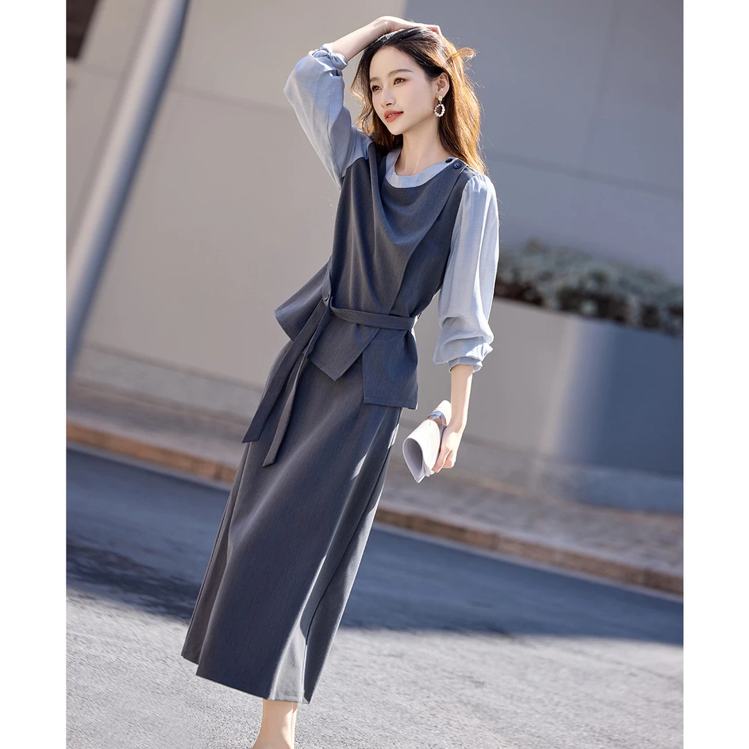 拼接假两件套装裙2025秋季新款通勤开叉系带收腰上衣+半身裙