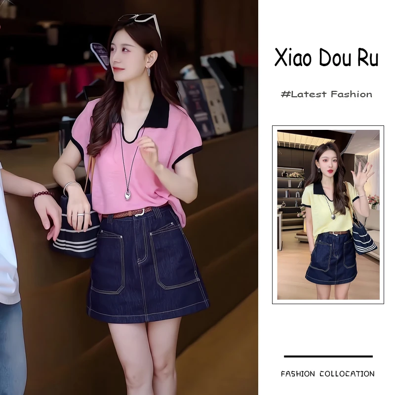 夏季流行穿搭一整套新款2025港风爆款简约短袖上衣牛仔短裙两件套