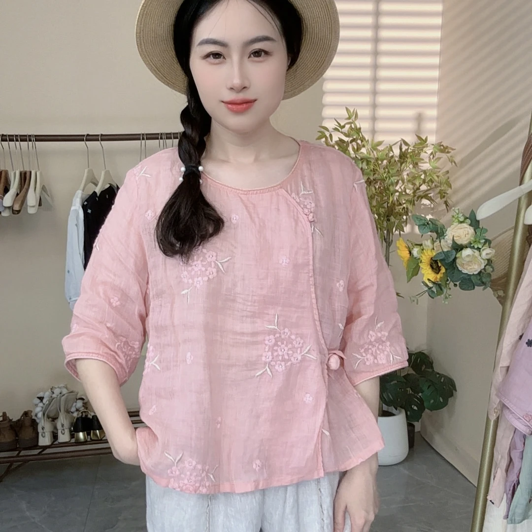 【细支100%苎麻 南瓜款】复古刺绣苎麻小衫新中式流苏夏季女衬衫