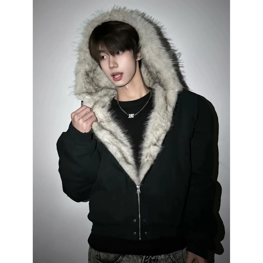 cleanfit黑色座山雕夹克男款秋冬美式高街vibe风痞帅毛领连帽外套