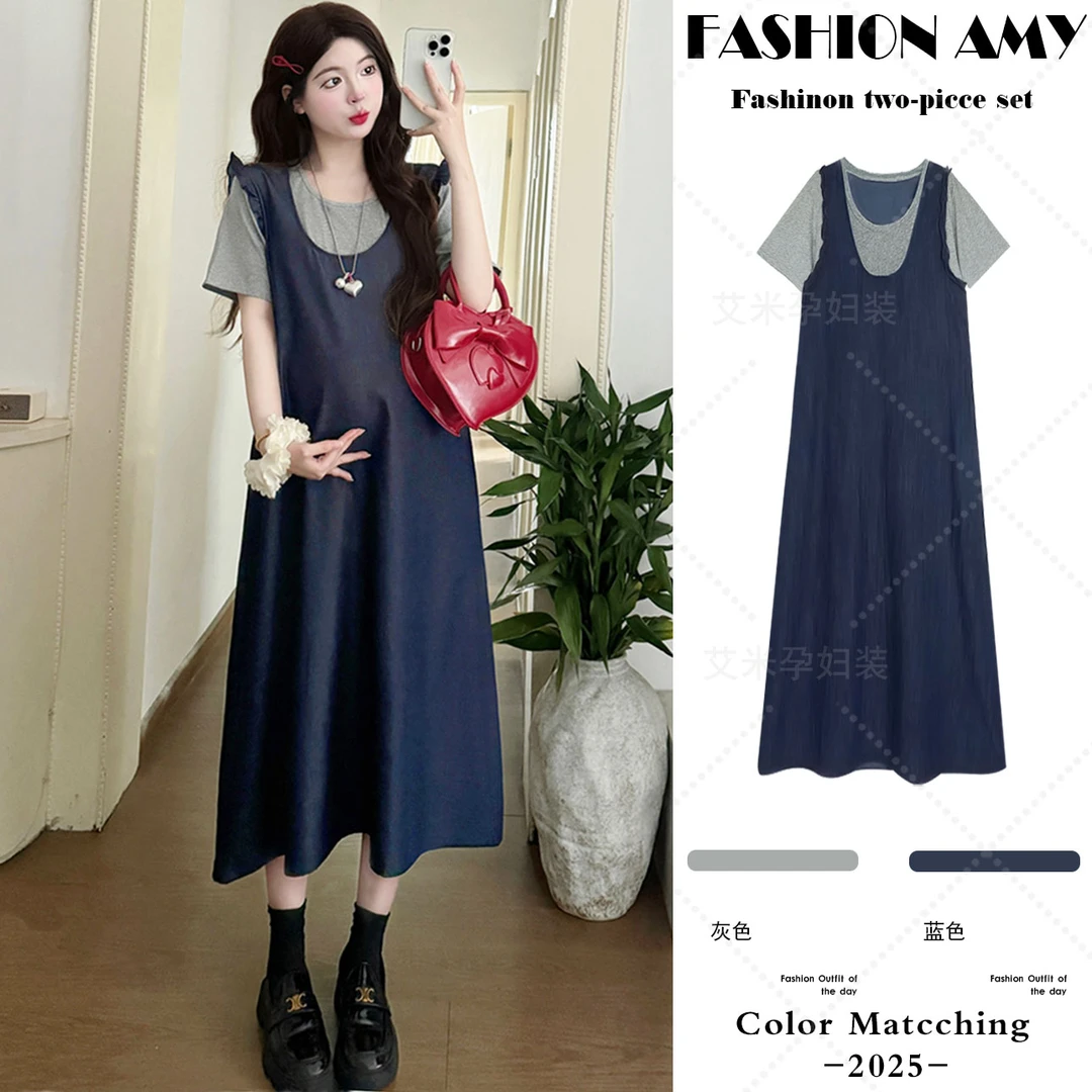 孕妇连衣裙夏季新款时尚韩版气质薄款假两件拼接休闲显瘦T恤裙子1