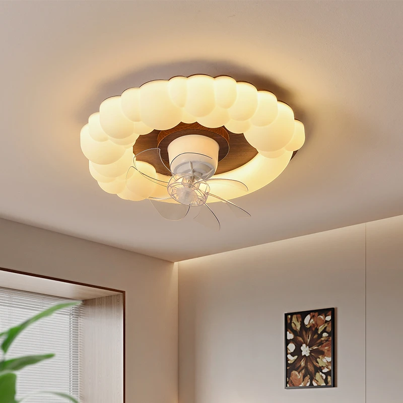 中古风吸顶灯胡桃木色卧室简约风扇灯法式奶油创意书房餐厅灯家用