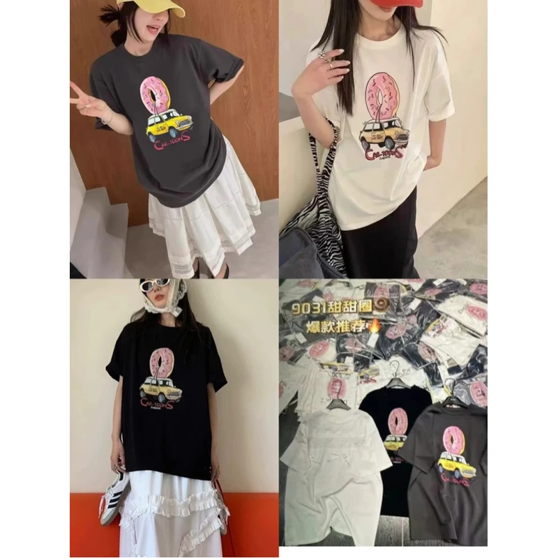 薇莎7631【现货】甜甜圈印花汽车后背蕾丝懒人宽松短袖T恤