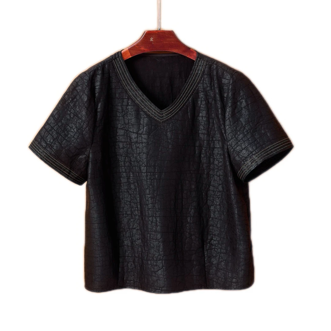 现【明线V领短袖T】龟裂纹香云纱100桑蚕丝红油皮套头T恤上衣