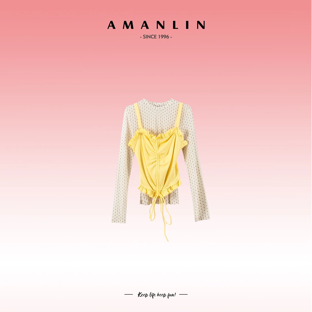 AMANLIN/阿謾琳法式气质圆点套头罩衫吊带显瘦时尚套装Y595689