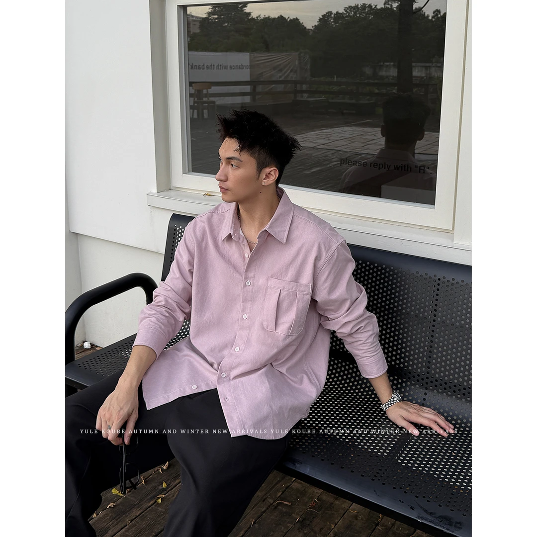 Koube「牛津纺 口袋设计」纯色棉混纺长袖衬衫男秋季薄外套宽松衬衣