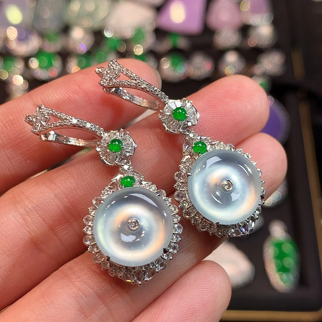 翡翠18K金镶嵌耳饰玻璃钢平安扣耳坠