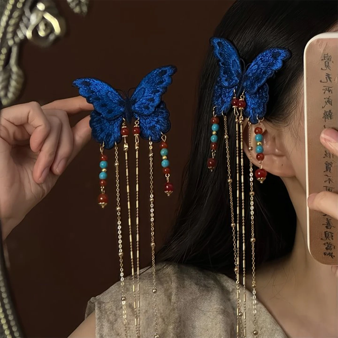 新中式古风刺绣蝴蝶发夹2025新款女流苏发饰对夹边夹汉服发簪