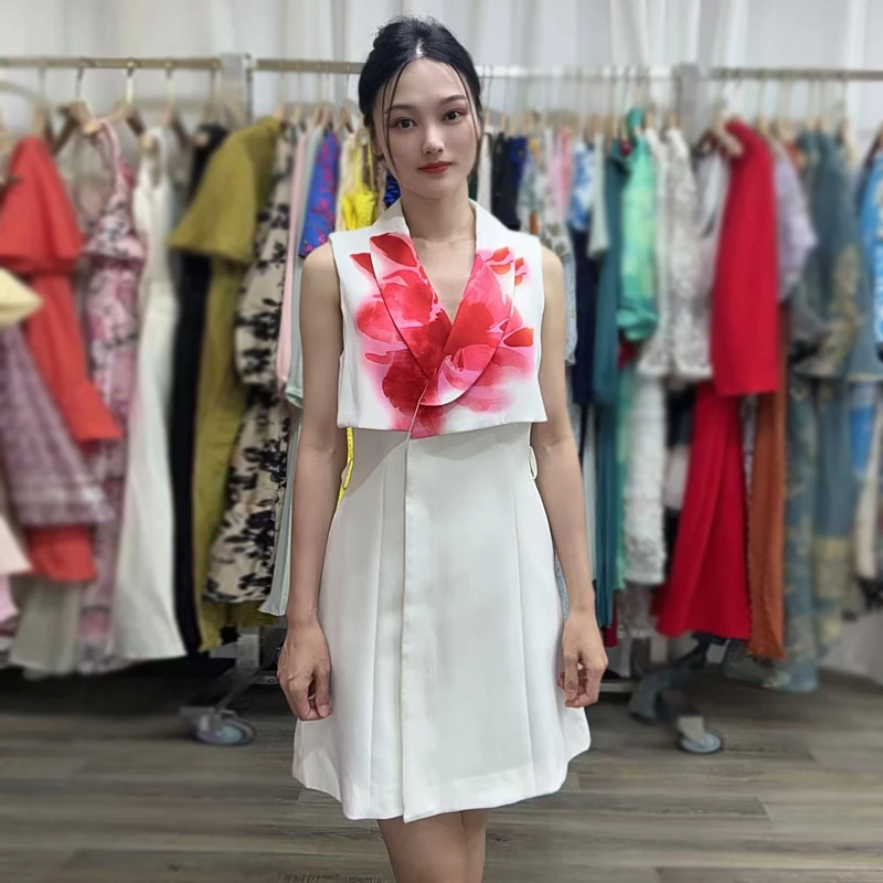 欧美白色印花西装连衣裙女无袖夏季气质时尚百搭设计感外贸裙