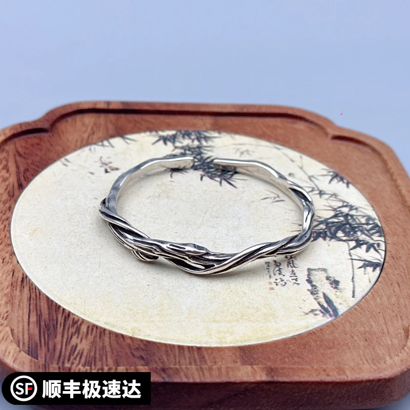 足银手镯 复古做旧银9999浮木手镯男高级感小众男士送男朋友礼物