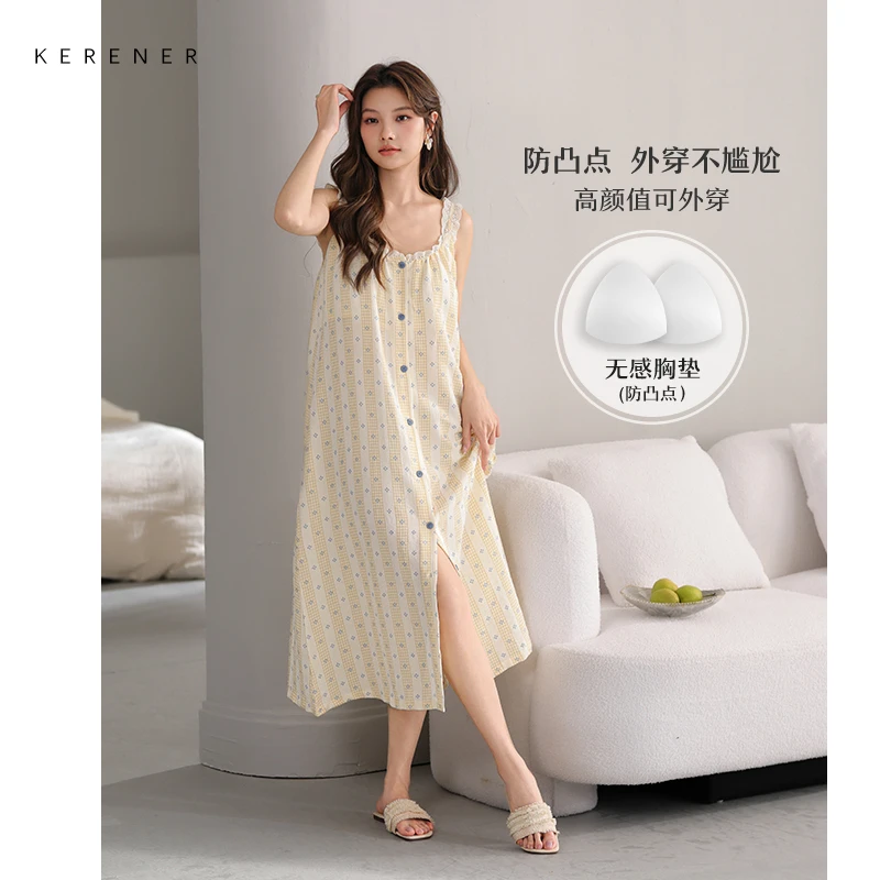 可人儿小众设计师新款泡泡绵女士睡衣夏季少女睡裙可外穿家居服