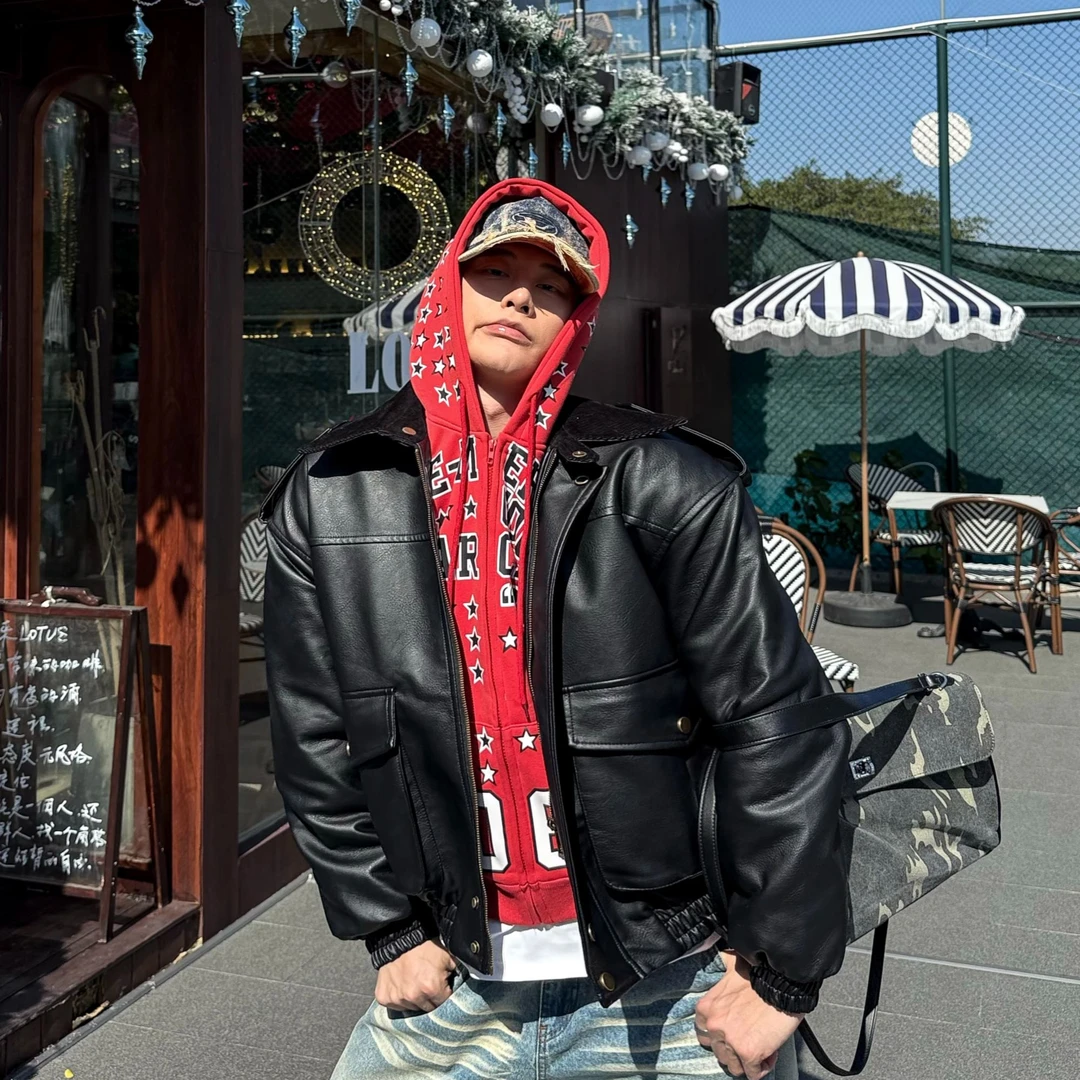 PC-美式复古机车皮衣男女秋冬夹棉韩系简约时髦宽松皮衣外套