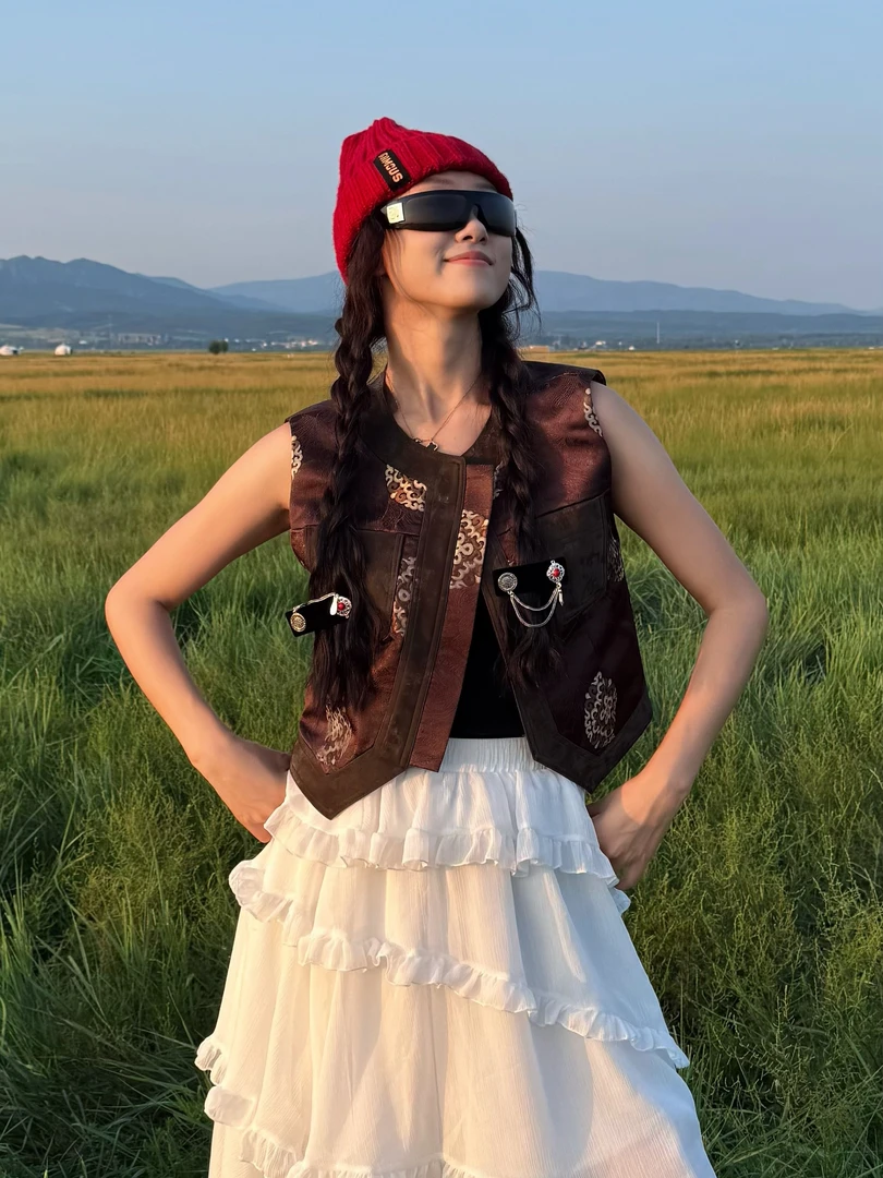 【卓日雅】8859设计师款圆领对襟牛仔民族风马甲