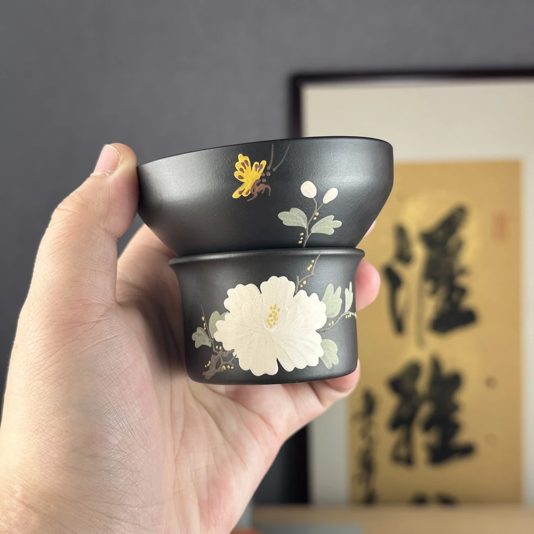 【汇雅馆】宜兴原矿紫砂石黄茶漏泥绘牡丹球孔过滤两件套高档茶具A