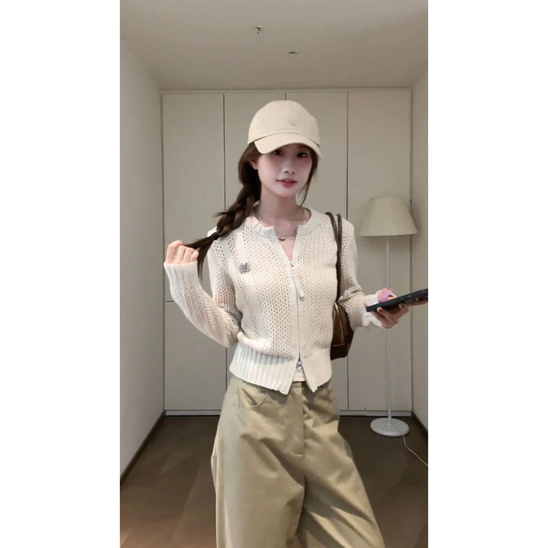 镂空秋季毛针织衫田园复古女装开衫小众针织衫宽松外套薄长袖上衣