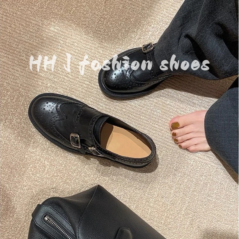 牛皮版~布洛克雕花单鞋女2025秋双扣带孟克小皮鞋粗跟厚底乐福鞋