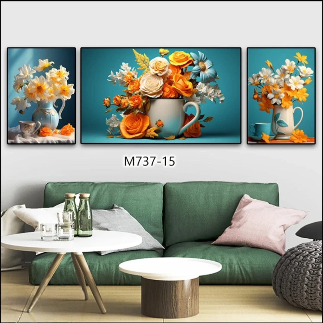 轻奢花卉牡丹植物三联画高档晶瓷画客厅餐厅装饰画