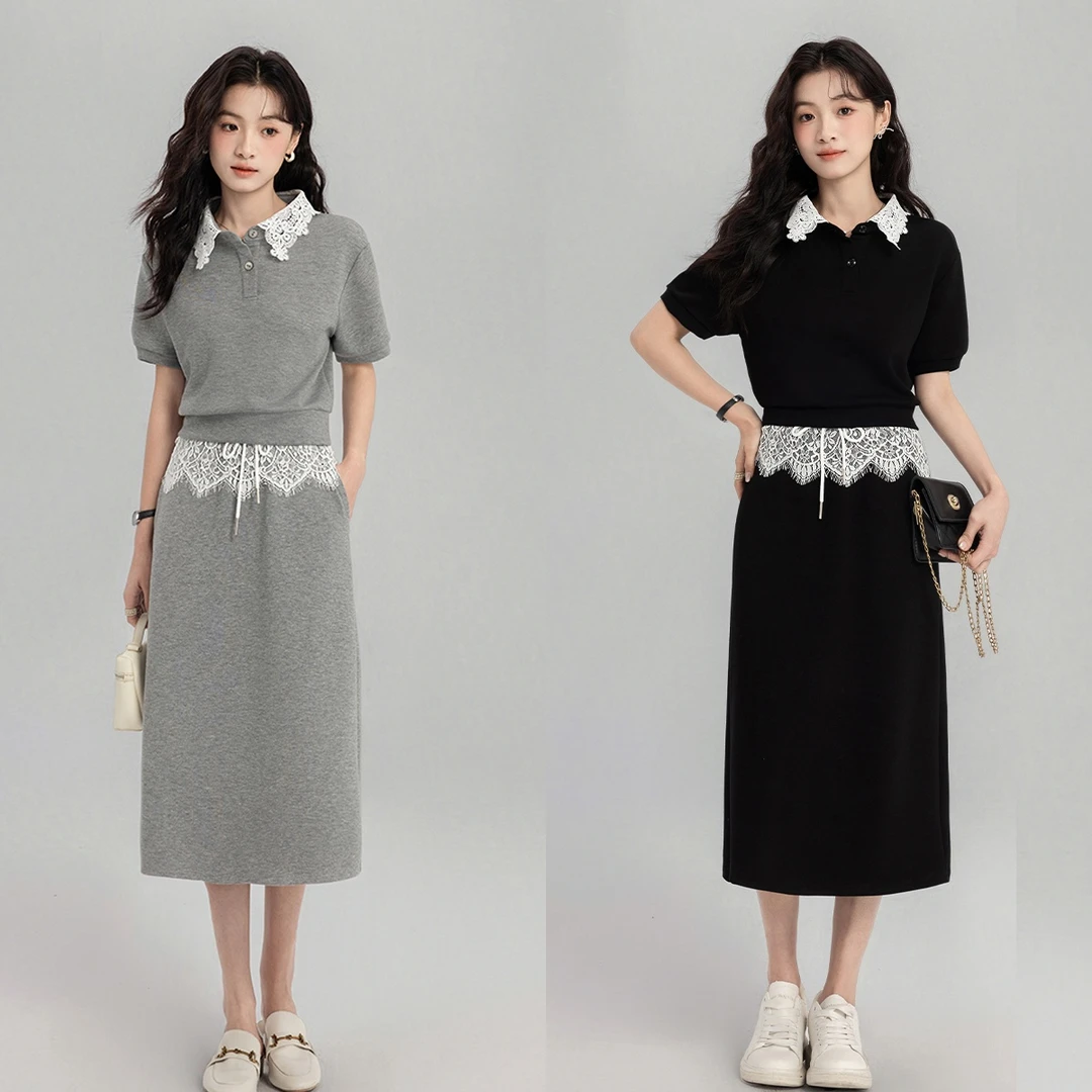 休闲套装女2025夏季新款显瘦洋气高级感蕾丝拼接短袖半身裙两件套