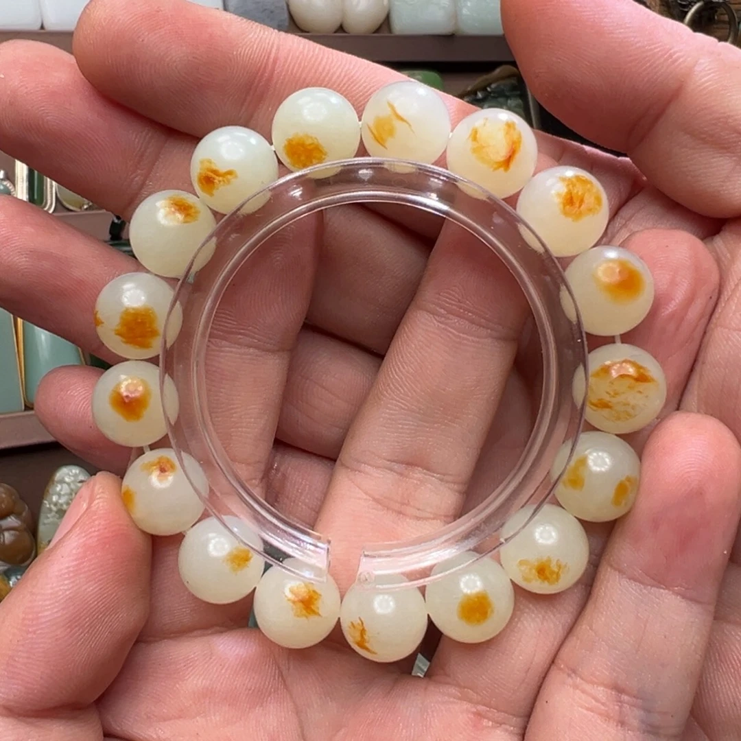 和田玉未镶嵌手串新疆暖白细料颗颗黄沁爆油老熟有颗毫米级内欠