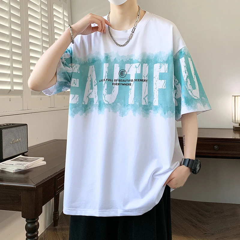 2025夏季新款青少年圆领短袖t恤男生港风宽松渐变学生休闲半袖T恤