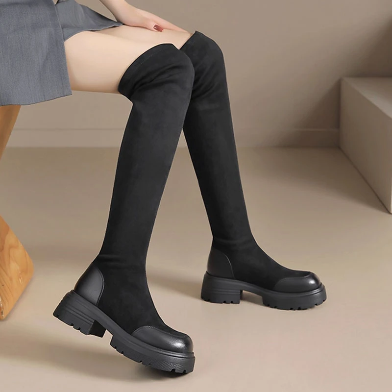 高跟纯色长筒中筒过膝袜靴弹力靴小个子显瘦百搭