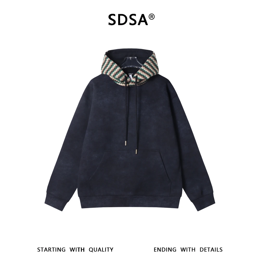SDSA男士秋冬新款痞帅男装潮牌扎染拼接针织连帽卫衣百搭时尚上衣
