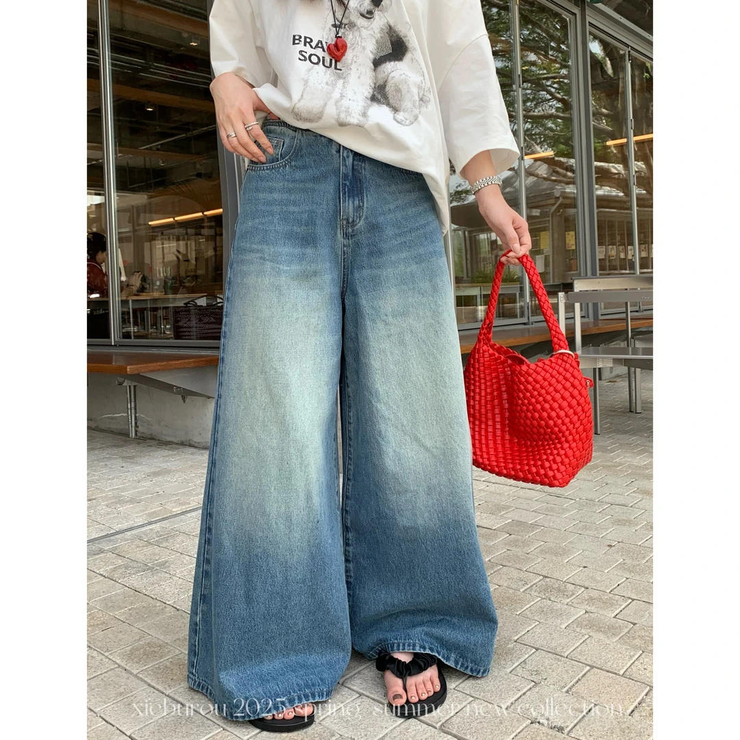 现货【谢不肉】宽松洗水韩版休闲显瘦百搭遮胯设计感阔腿牛仔裤5624