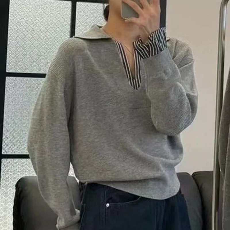 职业阿玛诗官2025秋冬款时尚气质假两件条纹撞色拼接套头针织衫女