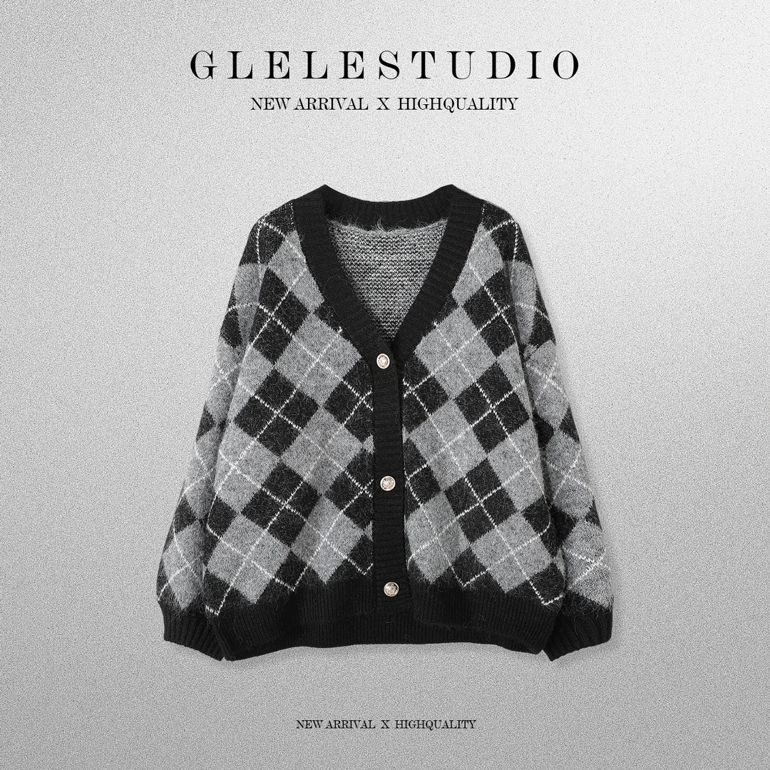 Glele私服「英格兰开衫」小香风菱格V领针织保暖毛衣开衫