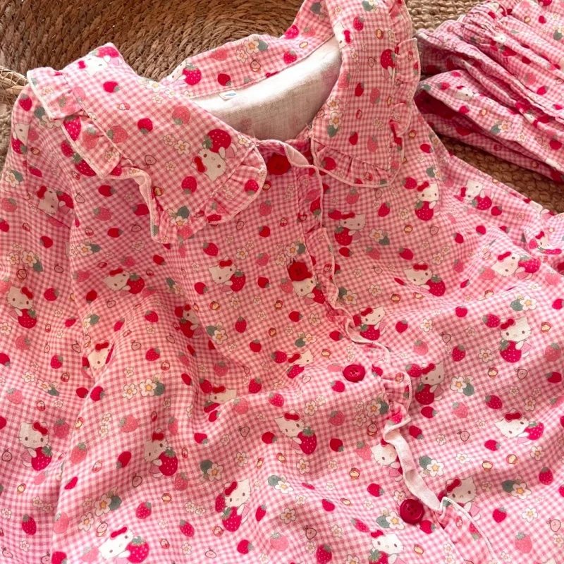 侘町2025年新款格纹草莓Kitty花边纯棉长袖睡衣女家居服春秋套装