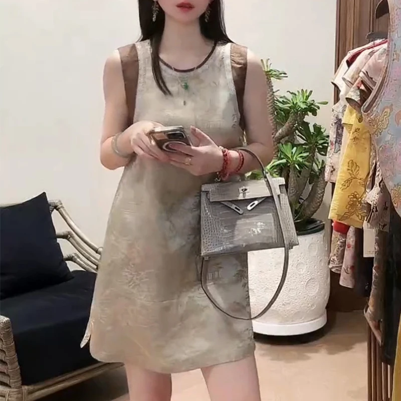 新中式国风提花无袖背心连衣裙女夏季新款小个子高级感宽松A字裙