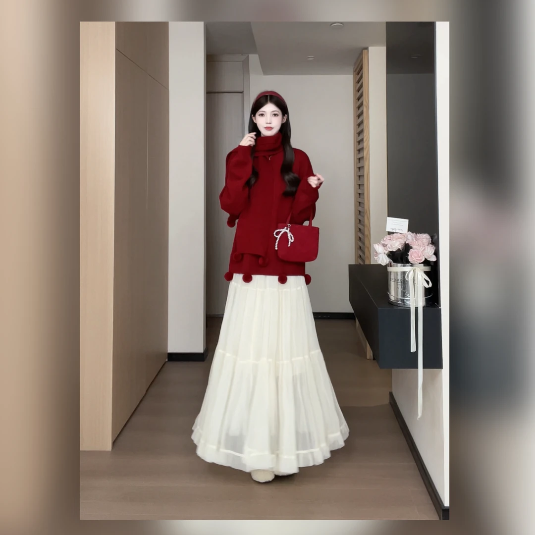 松本丧丧酒红针织搭白纱裙围巾领慵懒甜系氛围感套装B254Z0061