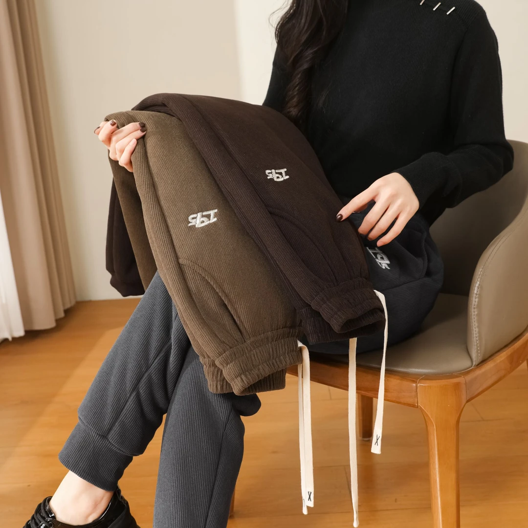 800克兔兔绒加绒加厚女高腰百搭休闲卫裤