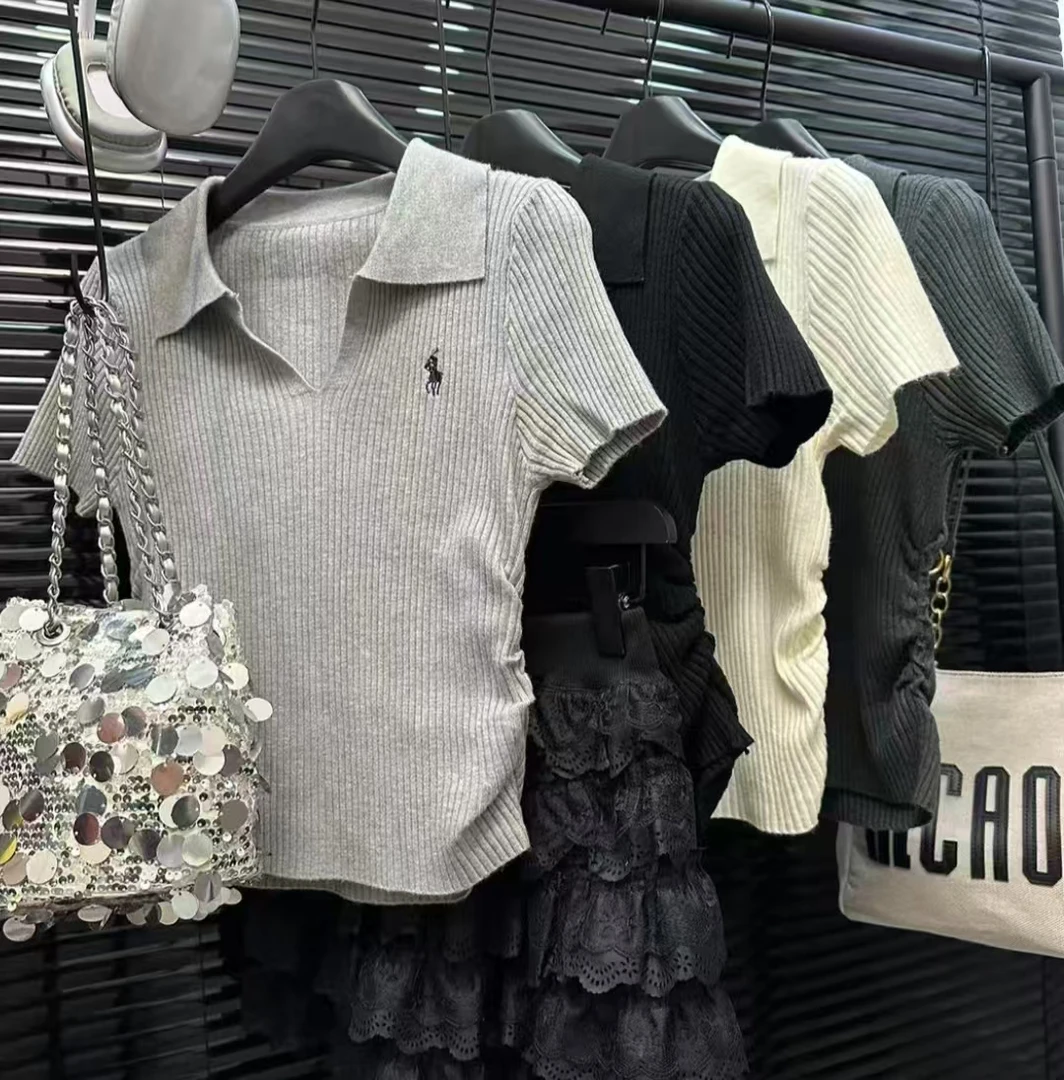 【POLO领针织刺绣捏褶短袖T恤】修身显瘦百搭高级感针织上衣5111